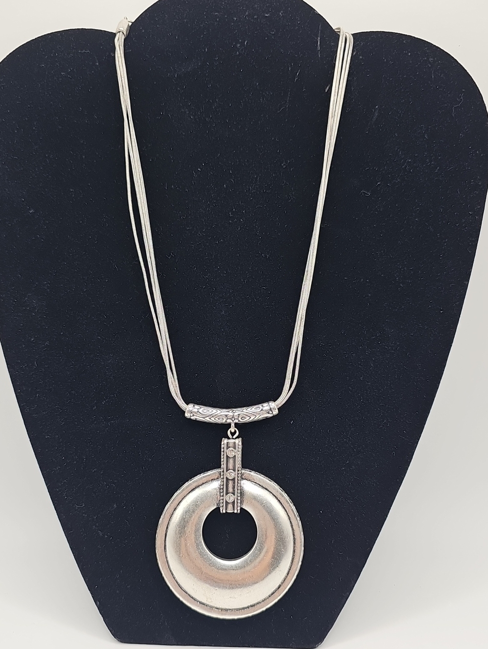 Chico Silver Tone Three Strand Chain. Reinstones Above The Pendant. Vintage